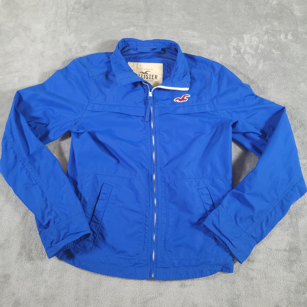 Hollister Windbreaker Jacket Mens Medium Blue Full Zip Lightweight Seagull Logo